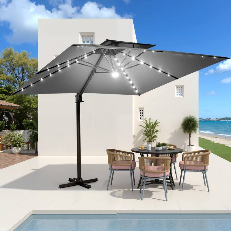 VredHom 9 x 11ft Outdoor Rectangular Dual Top Cantilever Patio Umbrella LED Light - DarkGrey