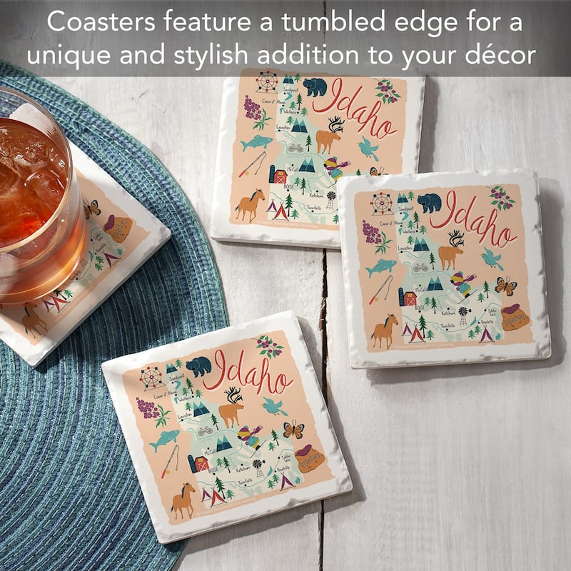 Idaho Home 4-Pack Absorbent Stone Coasters with Protective Cork Backing 4" Square Made in The USA Artistic Easily Wipes Clean