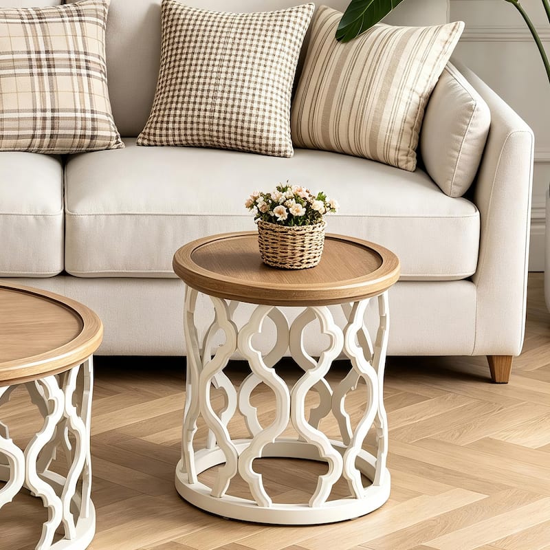 COZAYH Farmhouse End Table, Distressed Tray Top Coffee Table with Curved Motif Frame Base for Boho, Rustic, French Country - End Table