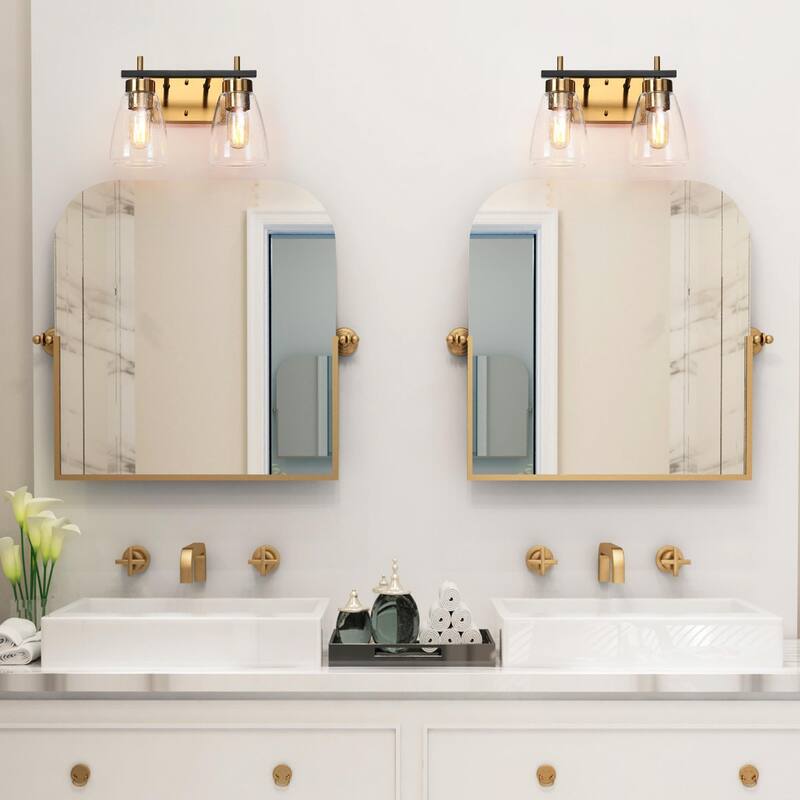 Modern Industrial Black 2-Light Bathroom Vanity Lights with Seeded Glass for Powder Room - L 13" x W 6.7" x H 8.7"