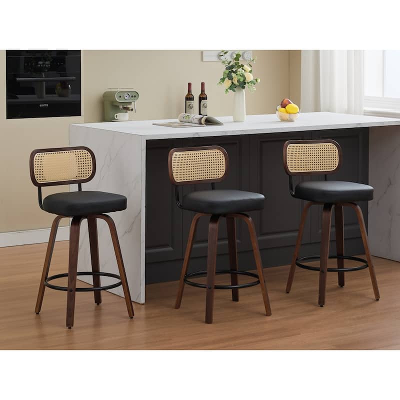 Set of 3 Counter Height Bar Stools - Rattan Counter Height Stools with Cane Back, Upholstered Seat, Swivel Counter Stools