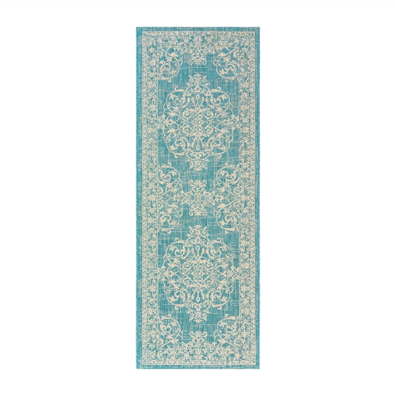 Gertmenian Paseo Ryoan Oasis Aqua/Ivory Traditional Medallion Flatweave Indoor/ Outdoor Area Rug