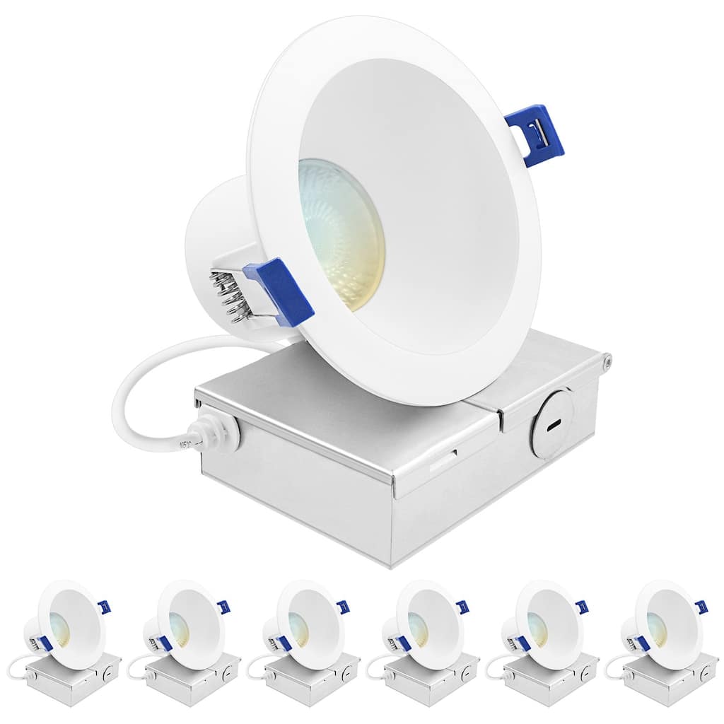 Luxrite 4 in. LED Recessed Ceiling Light J-Box 12W 5CCT 1160 Lumens Dimmable Wet Rated IC Rated 6 Pack