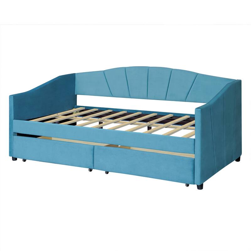 Twin Size Daybed Frame Rays Pattern Design Velvet Upholstered Daybed with 2 Drawers or Trundle, Wood Slat Support