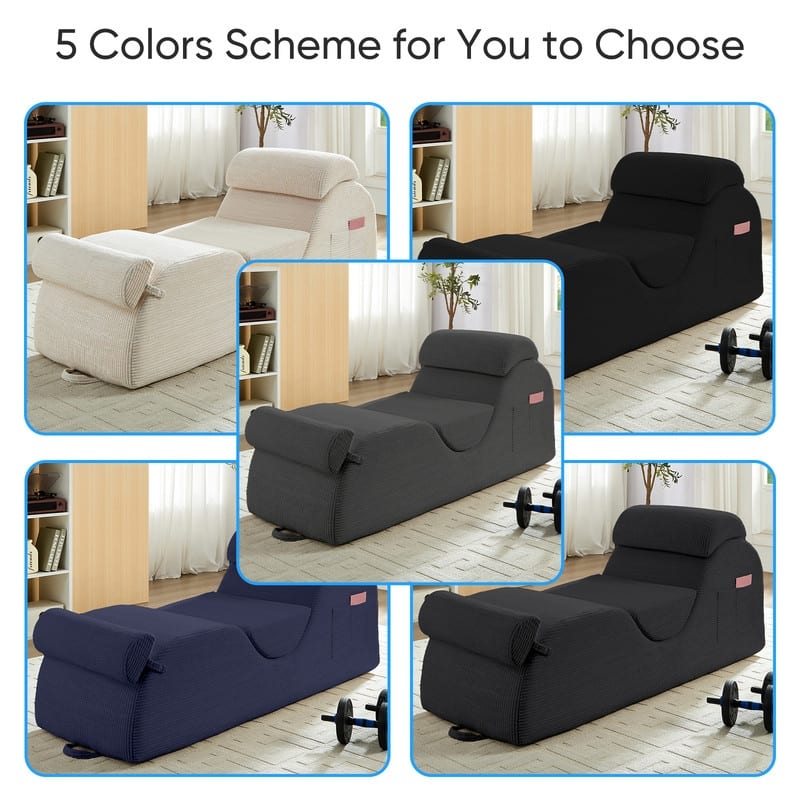 Mixoy Corduroy Yoga Chaise Lounge Chair,Curved Yoga Sofa with Movable Headrest/Waist Cushion/Footrest,Non-Slip Bottom