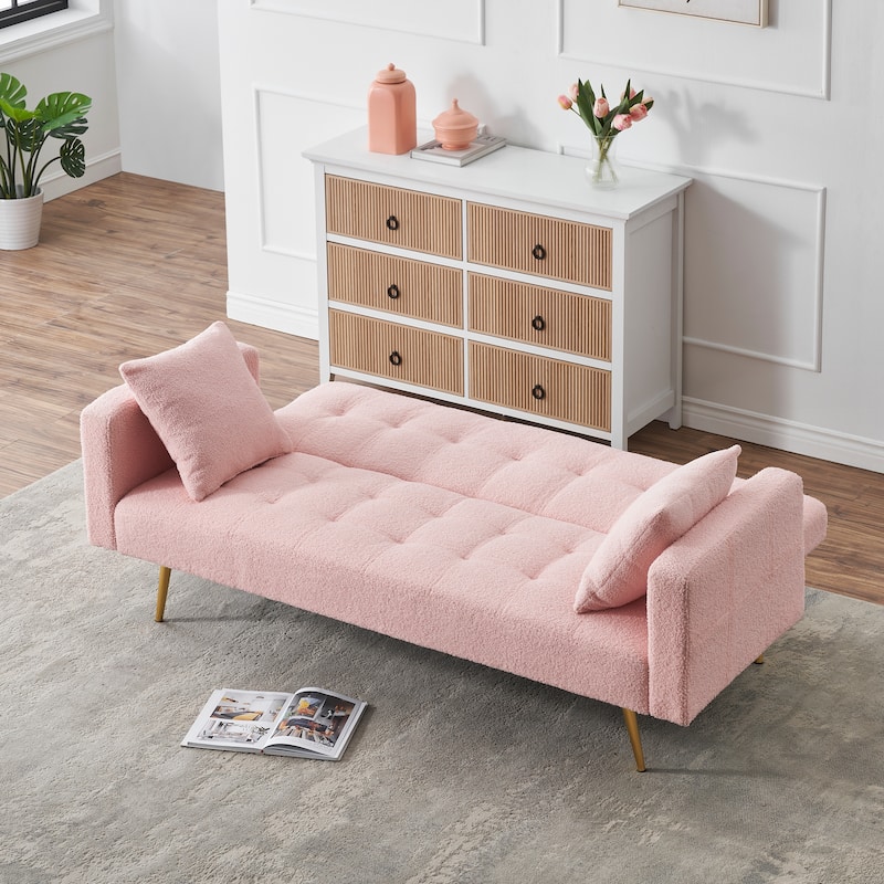 Folding Couch Teddy Fleece Sleeper Sofa Bed with Pillows and Metal Leg