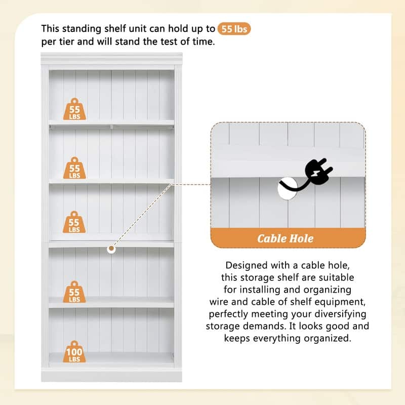 83.4" Tall 5-Tier Wood Bookcase with Built-In Light Strip – Adjustable Shelves , Freestanding Storage Shelf .
