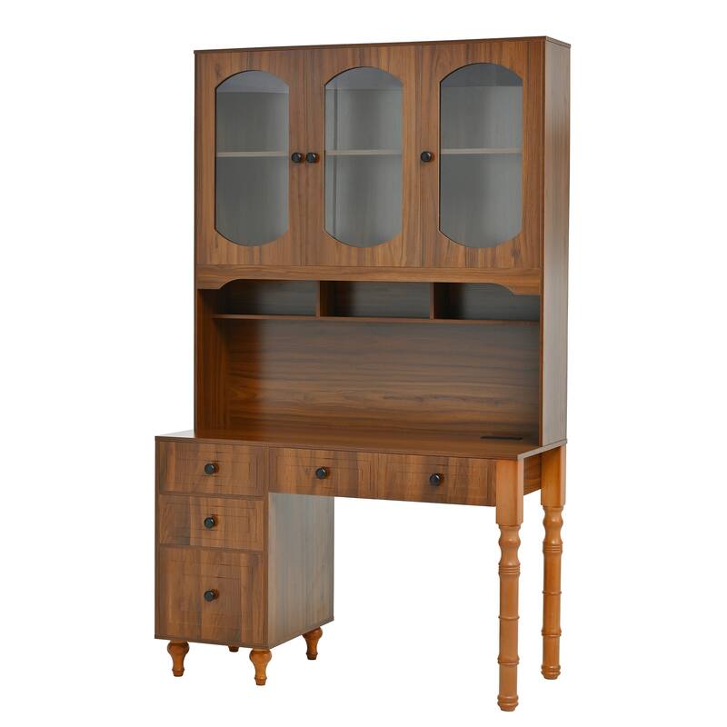 Retro Office Desk Executive Computer Desk with Charging Ports & Hutch, 5 Storage Drawers, Glass-Door Bookshelf