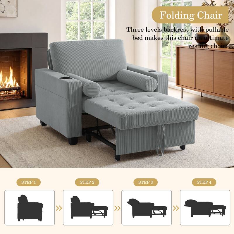 2 Set Convertible Adjustable Lounge 3-in-1 Pull-Out Sleeper Chair Bed