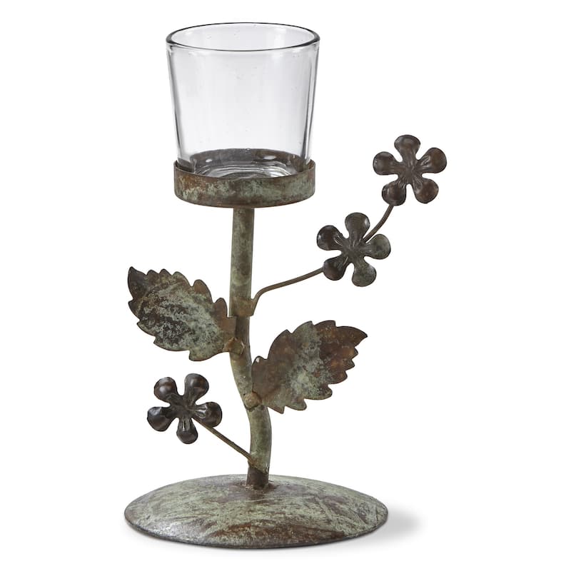 Flower Vine Metal & Glass Votive Candle Holder, 5.0L x 4.0W x 5.5H inches - Gold
