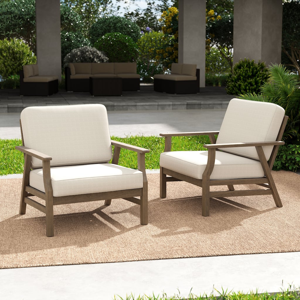 Outdoor Club Chair Patio Wood Arm Chair with Cushion Set of 2