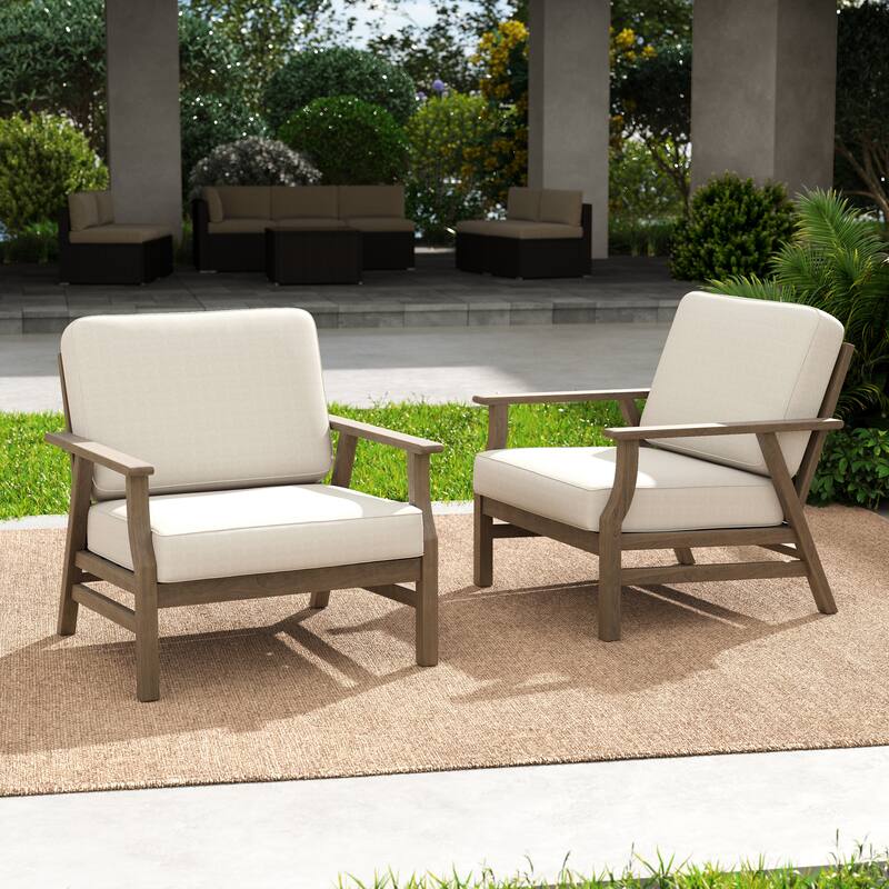 Outdoor Club Chair Patio Wood Arm Chair with Cushion Set of 2