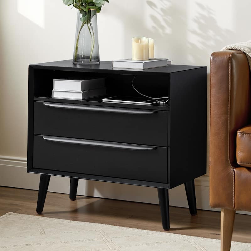 Kay Mid-century Modern 2 - Drawer End Table with Built-In Outlets and USB by HULALA HOME - Black