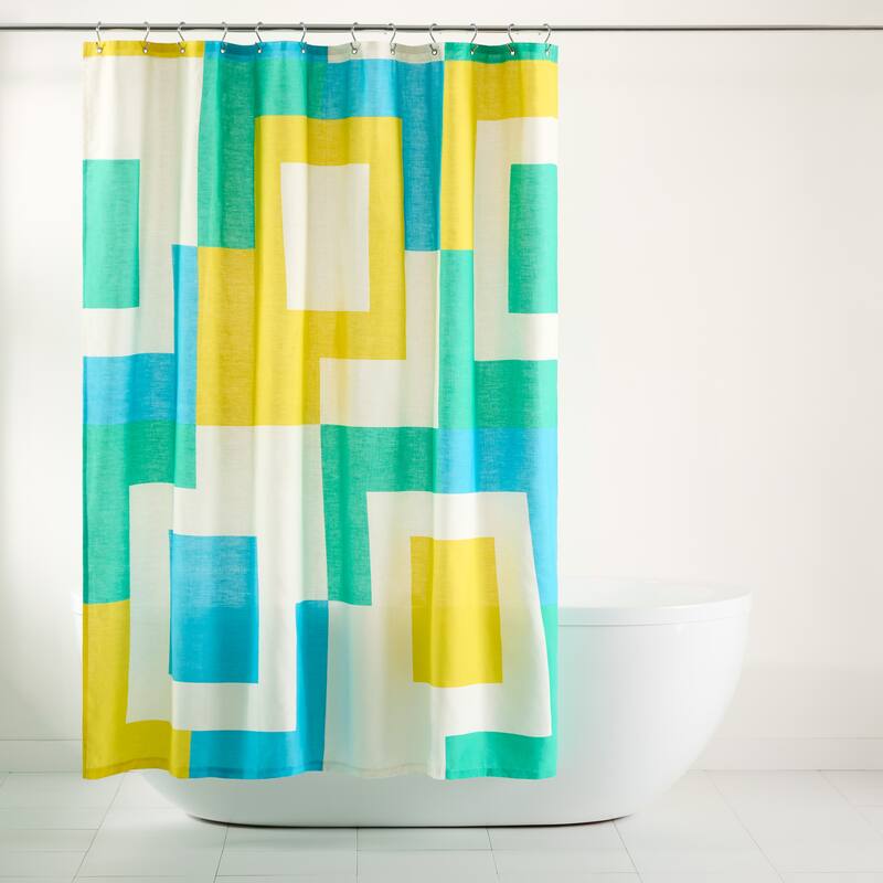 TOWN & COUNTRY PLAY Lucy Mid Century Squares Cotton-Rich Breathable Fabric Shower Curtain with Anti-Rust Grommets - 70x72