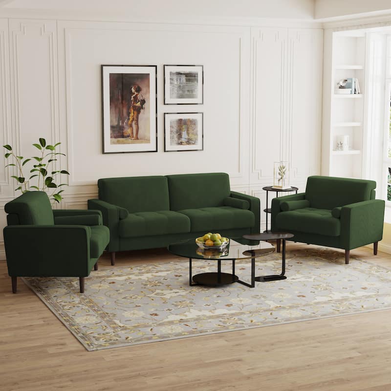 3-Piece Corduroy Tufted Club Armchair and Loveseat Set for Living Room - Green