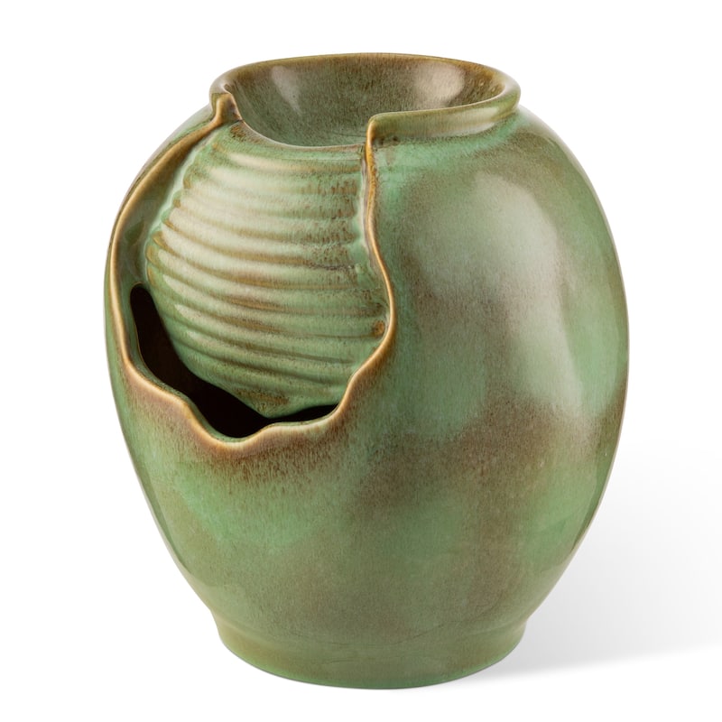 Glitzhome 9"H Leaf Textured Ceramic Jar Indoor Tabletop Water Fountain with LED Lights