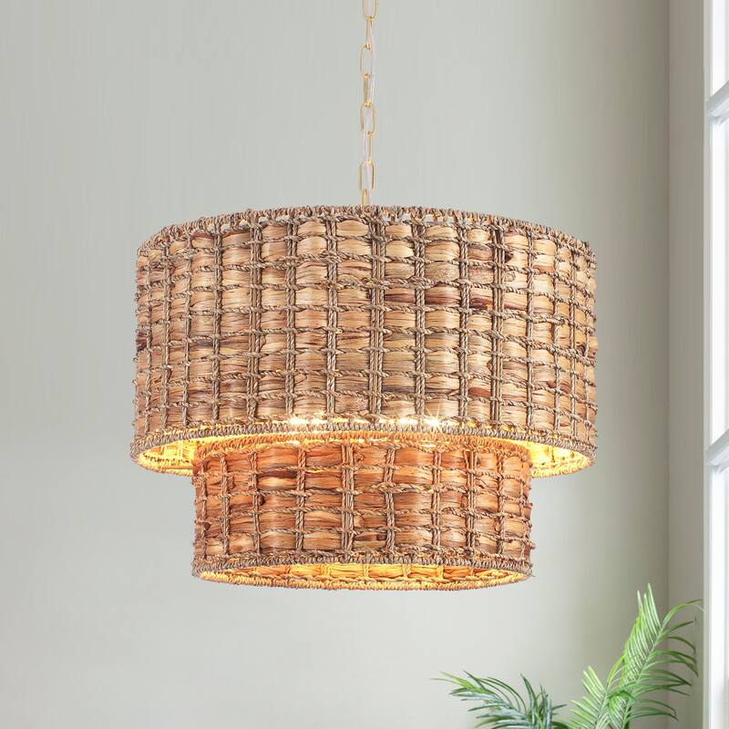 18.9 in. 5-Light Hemp Rope Weaving Drum Chandelier, Bohemian Style Chandelier, Handwoven Semi Flush Mount Chandelier