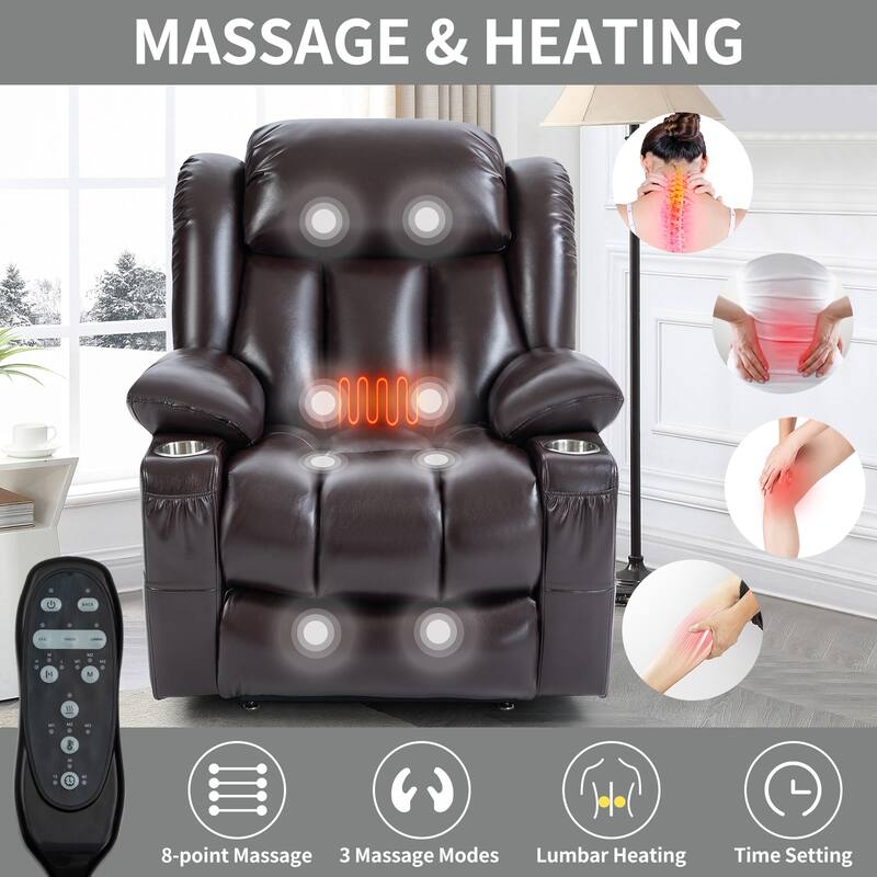 Oversized Faux Leather Power Lift Recliner with Massage & Heating