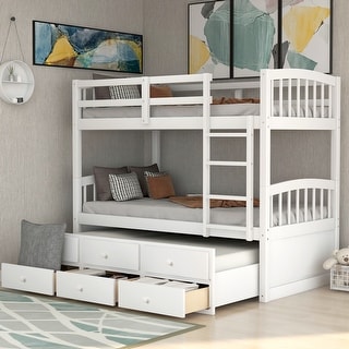 Modern Design Wood Bunk Bed with Ladder, Multifunctional Trundle Bunk Bed with Drawers, White