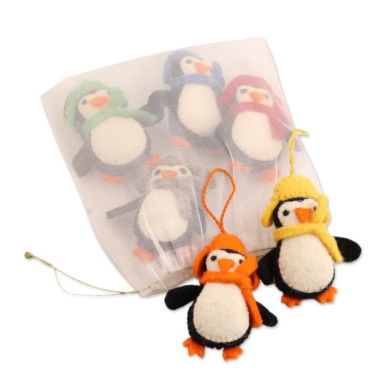 NOVICA Handmade Cozy Penguins Wool Felt Ornaments (Set Of 6)