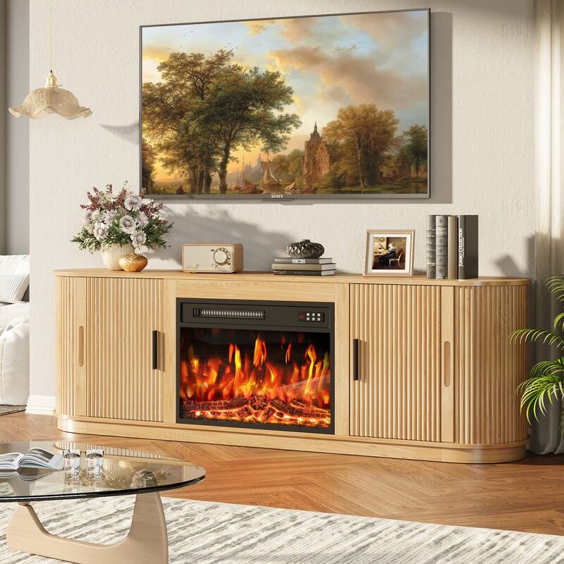 BOSSIN 70" Electric Fireplace TV Stand with Fluted Design, Curved Edges, 7 Flame Colors & 8H Timer, Holds Up to 80" TV, Black