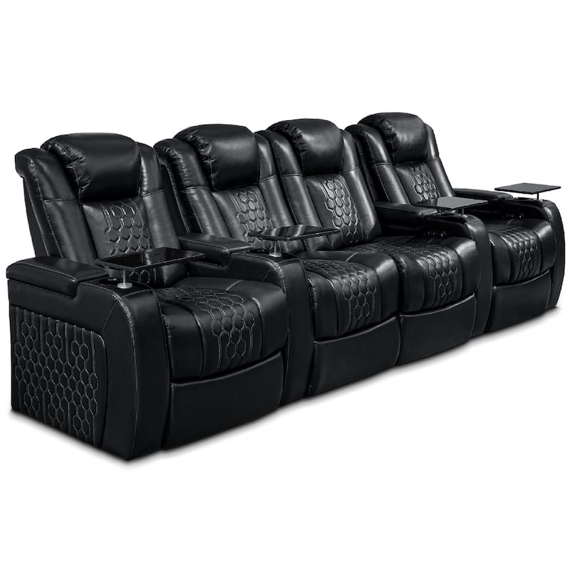 Roomfitters 124.4" Power Recliner 4-Piece Set, Top-Grain Nappa Leather, 19-Color RGB LED & USB-C Charging, Black