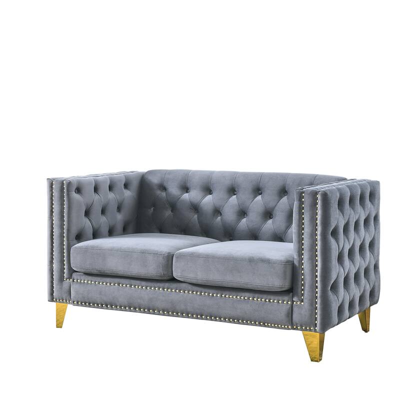 Modern 2-Seat Velvet Sofa with Nailhead Trim, Button Tufting, and Metal Legs