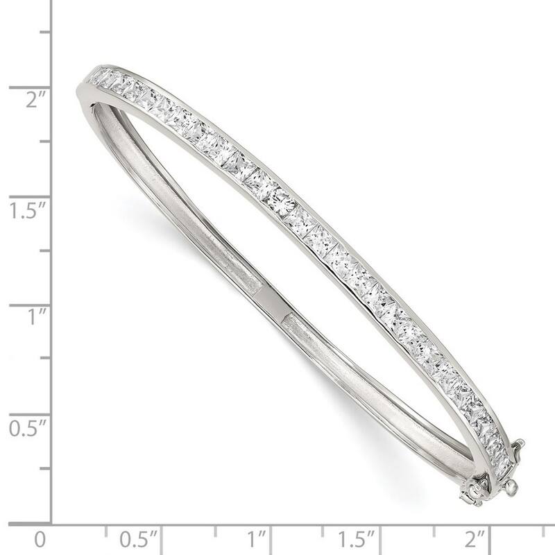 Curata 925 Sterling Silver Polished Safety bar Box Catch Closure CZ Cubic Zirconia Simulated Diamond Hinged Cuff Stackable