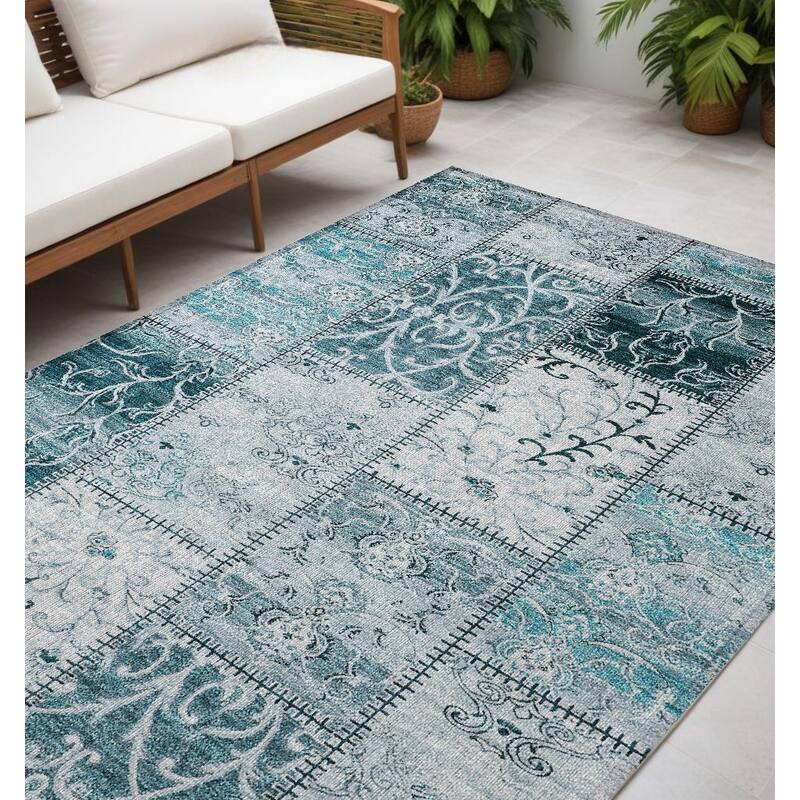 Alfifi Patchwork Weather Resistant Timeless Fusion Round Outdoor Rug - 5' X 8' - Teal