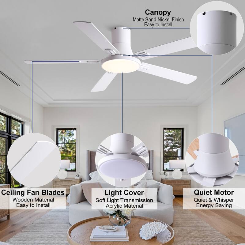 YUHAO AeroLite 48 in. Indoor White Low Profile Standard Ceiling Fan with Bright White Integrated LED Light Kit, Remote Included
