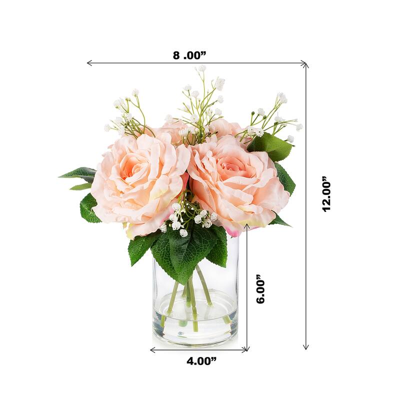 Enova Home 4 Large Silk Rose Flowers in Clear Glass Vase with Faux Water for Home Office Decoration