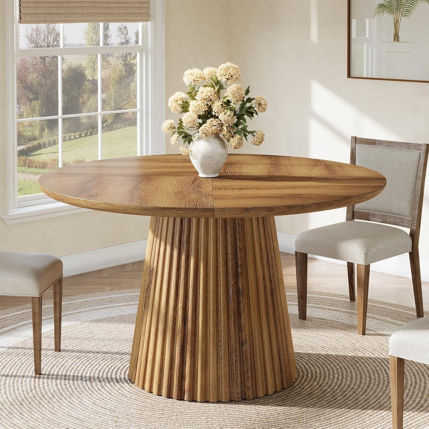 47" Round Dining Table for 4-6 People, Farmhouse Wood Kitchen Table