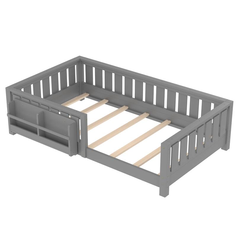 Montessori Floor Bed Low Profile Kids Bed with Rails & Bookshelf