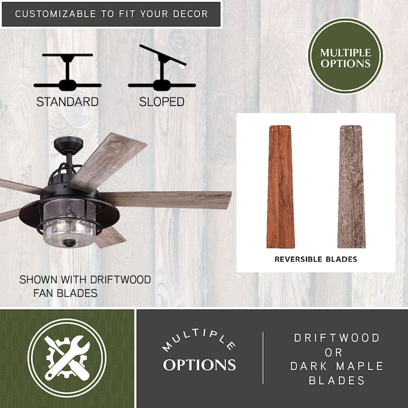 Charleston 56 In. Bronze Farmhouse Indoor-Outdoor Ceiling Fan with LED Light Kit and Remote - 56-in W x 19.5-in H x 56-in D