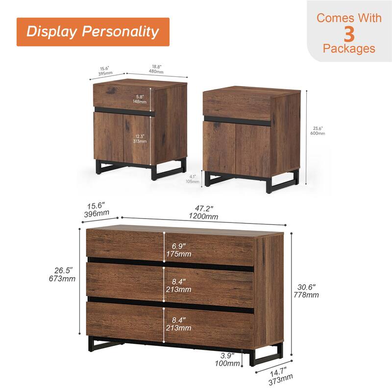 3-Piece Dresser And Nightstand Set, Dresser With 6 Drawers, 2 Nightstand for Bedroom, Bedroom Furniture Set