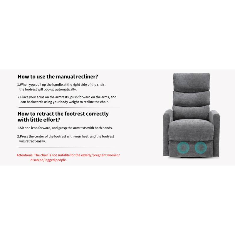 Roomfitters Manual Rocker Swivel Recliner Chair with Heat and Massage Fabric Glider Lounge Sofa for Living Room