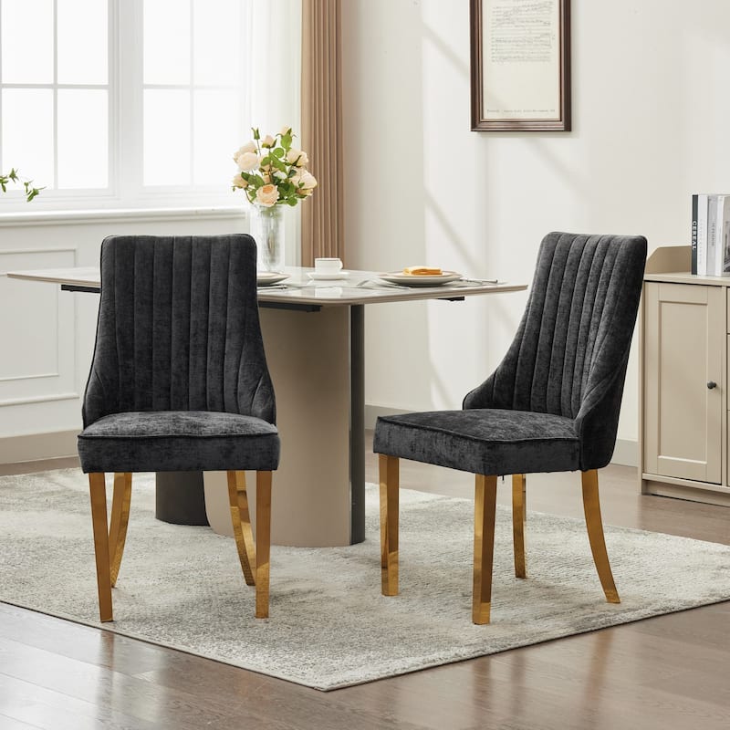 Rayon Cloth Flocking Chenille Chairs Channel Chair Fabric Upholstered Chair with Brushed Stainless Steel Legs,Set of 2 - Black