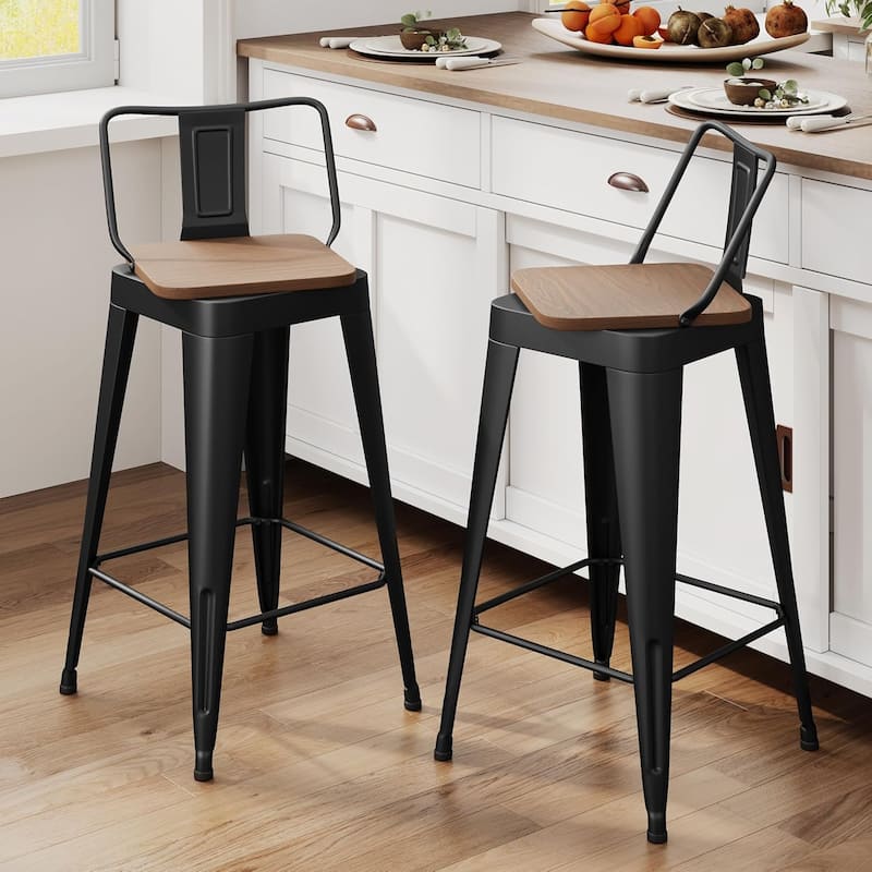 Swivel Counter & Bar Stools with Metal Frame Farmhouse 26" and 30" Seat Height Kitchen Barstools with Low Back and Wooden Seat