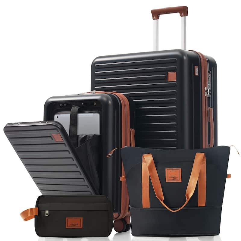 4-Piece Luggage Set with USB Charging Ports - Black