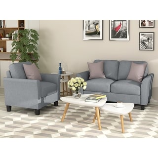 2-piece Linen Fabric Padded Sofa Living Room Furniture Track Arms ...