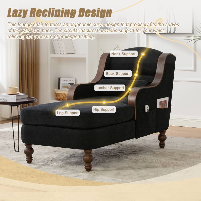 HOMEFUN Chenille Upholstered Wood Frame Oversized Chaise Lounge Single Sofa Bed with Side Pocket for Living Room,Bedroom