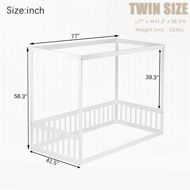 Twin Size Canopy Frame Floor Bed with Fence, Guardrails, White