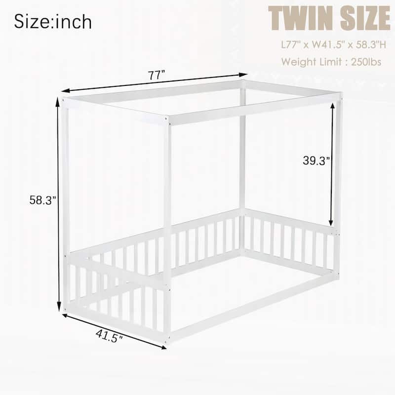 Twin Size Wooden Canopy Floor Bed with Guardrails and Fence, Low Profile Kids Bed Frame, No Box Spring Needed