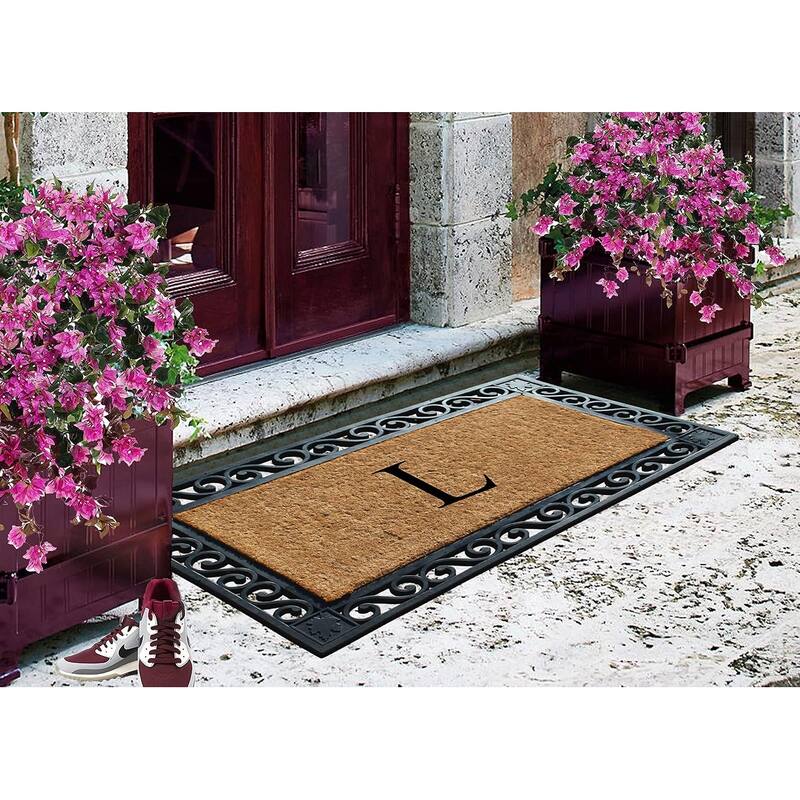 A1HC Rubber and Coir Maple Leaf, Heavy Weight Durable Monogrammed Doormat, 23"X38" Black