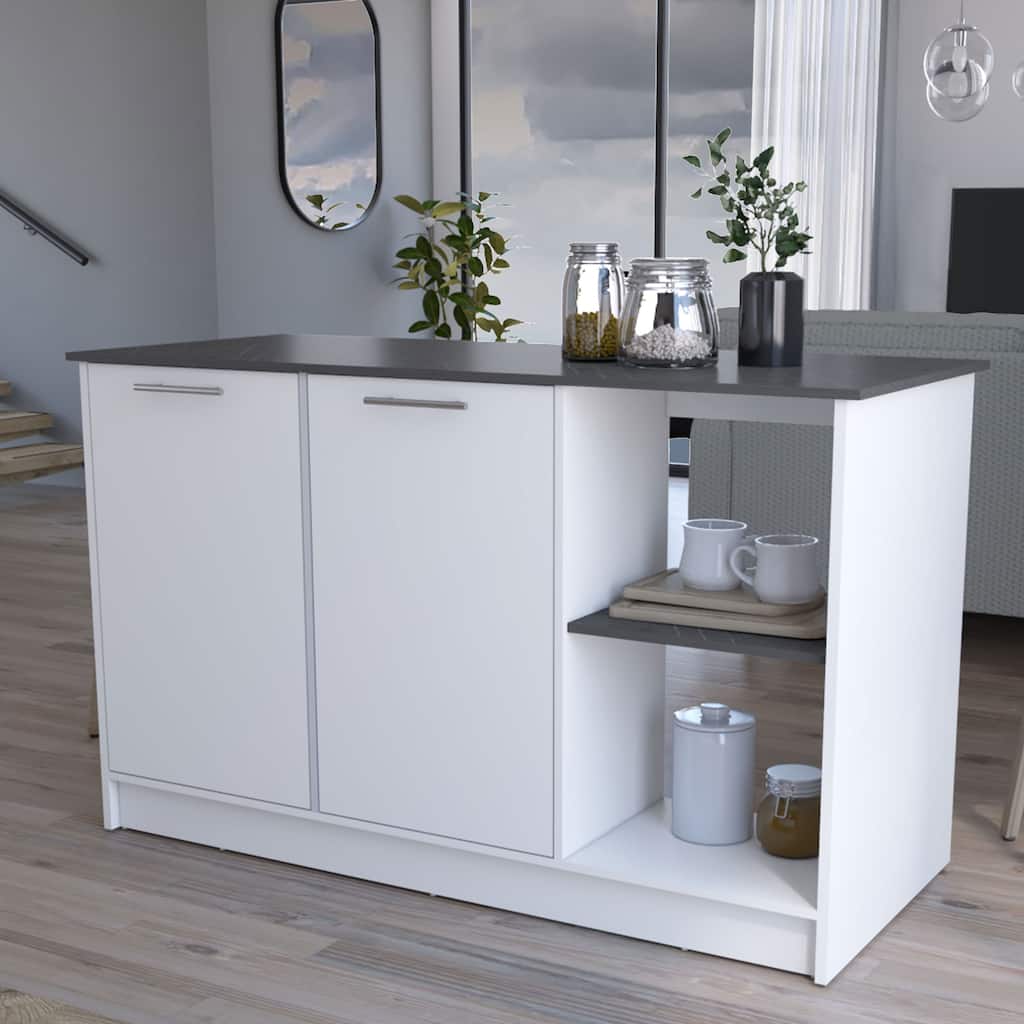 Spacious Kitchen Island with Double Door Cabinet, Open Shelves, Large Top - Black and Ibiza Marble