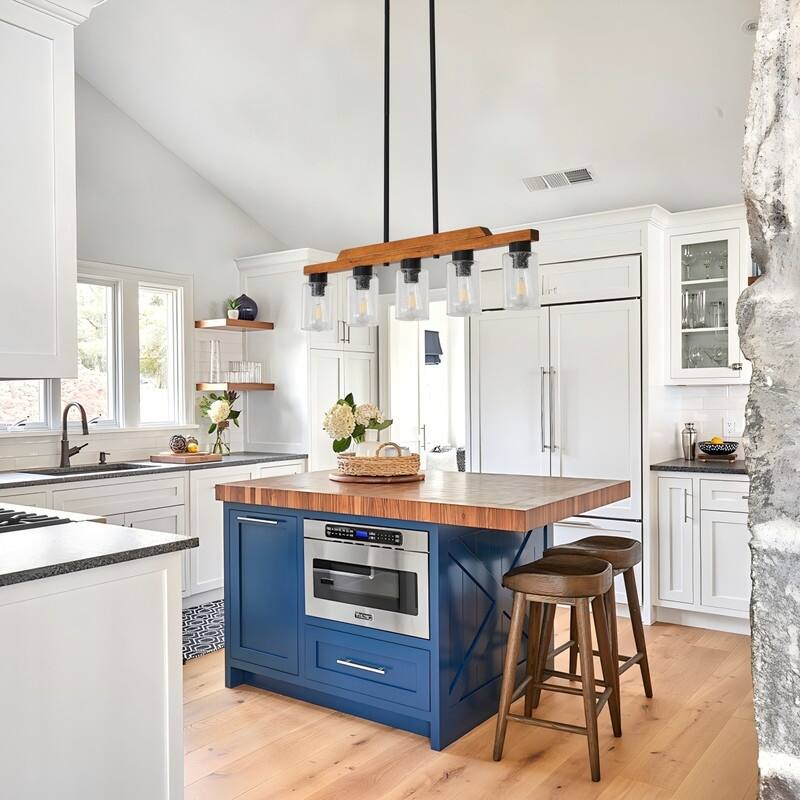 Farmhouse Chandelier for Dining Room Kitchen Island Rustic Wood Linear Pendant Light with Seed Glass Shade