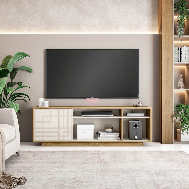 Contemporary TV Stand for TVs Up to 70 IN for Living Room - Oak Natural Wood + Antique White