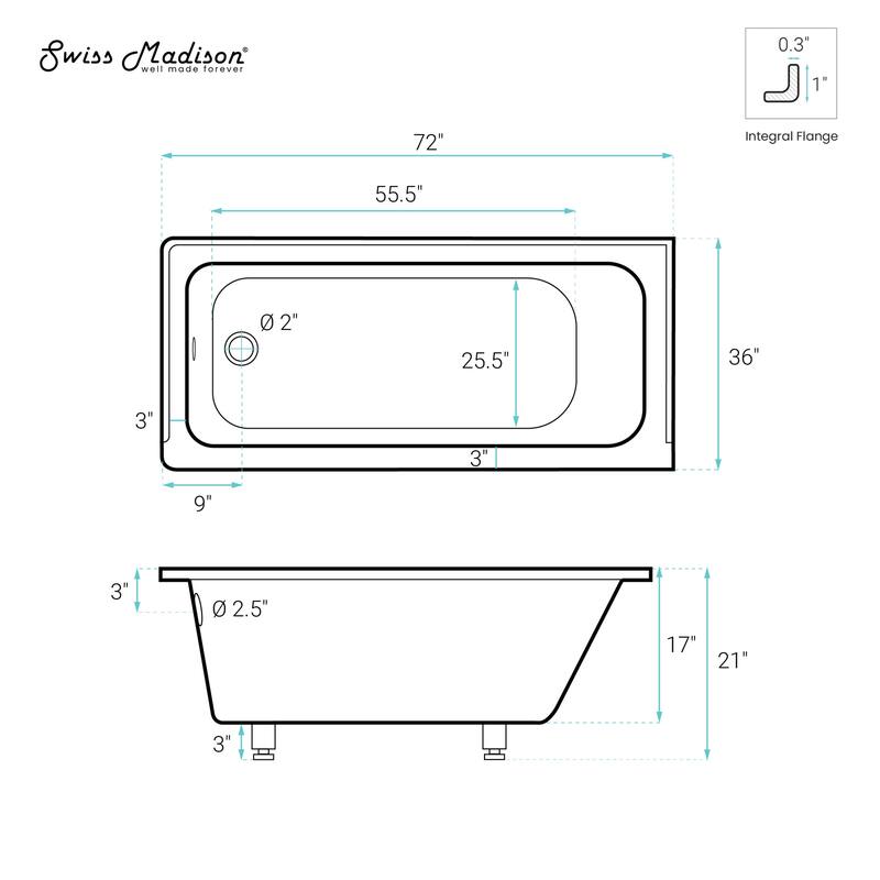 Voltaire 72 X 36 Left Drain Soaking Alcove Bathtub In Glossy White With Integrated Armrest