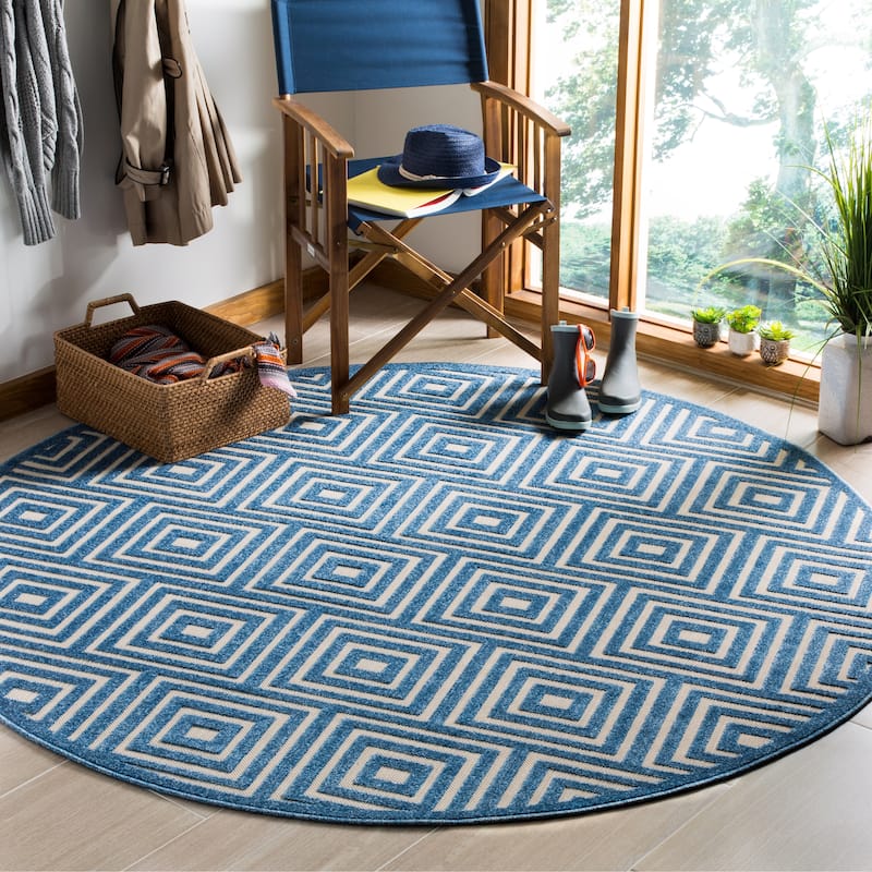 SAFAVIEH Cottage Burga Geometric Indoor/ Outdoor Patio Backyard Rug - 6'7" Round - Cream/Light Blue