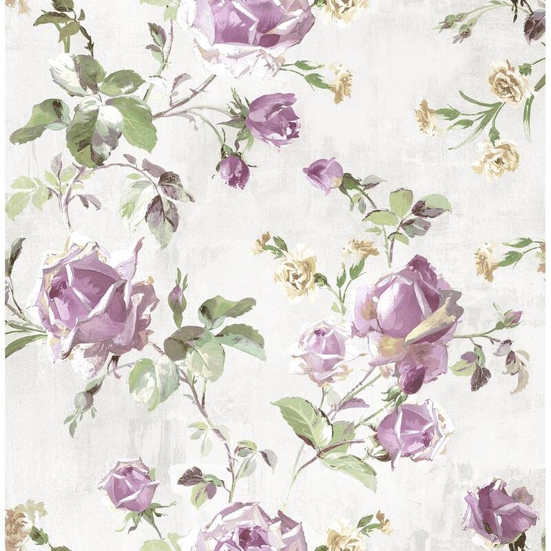 Seabrook Designs Vesper Floral Trail Unpasted Wallpaper - 20.5 in W x 33 ft. L - Alabaster & Metallic Grape